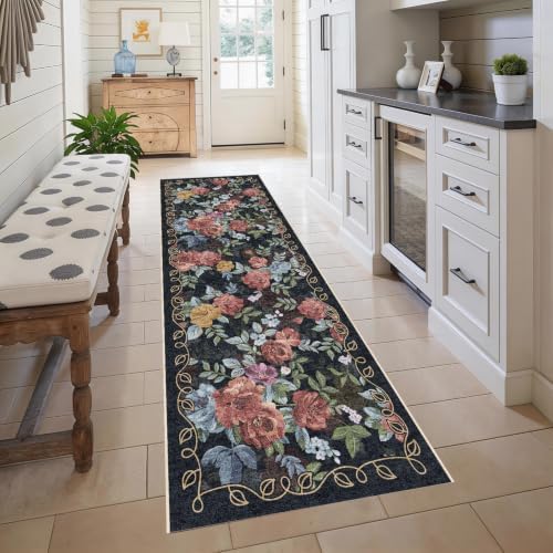 Washable 3x12 Runner Rug, Navy Boho Floral Non-Slip for Hallway, Kitchen by GERUIMO