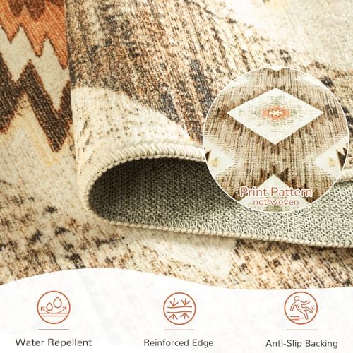 Area Rug 2x6 Rug Machine Washable Non-Slip Low Pile Print Pattern Western Rug for Living Room Bedroom Entryway Tribal Series -Cream/Camel - Image 3