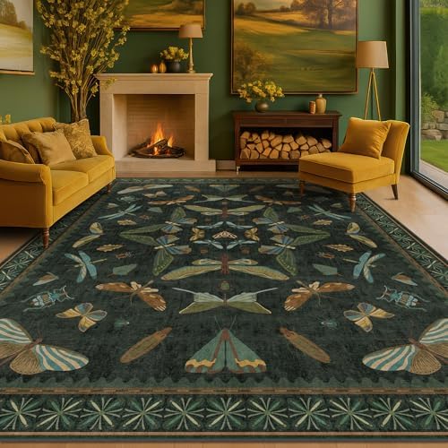 Hazo Haus Dark Green Insect Area Rugs 8x10 for Living Room, Dining Room Under Table, Bedroom, Unique Washable Floral Non Slip Low Pile Soft Rug by HazoHaus