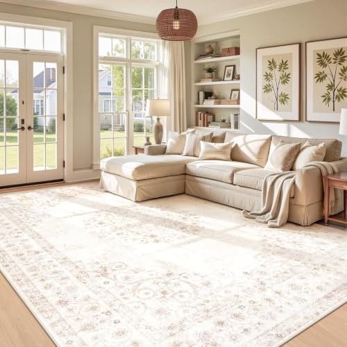 Area Rug 9x12 Vintage Rug: Large Washable Indoor Medallion Rugs Low Pile Distressed Floor Carpet Retro Accent Rug for Living Room Bedroom Kitchen Dining Table Home Office(Distressed Beige, 9'x12') by ZomfyRugs
