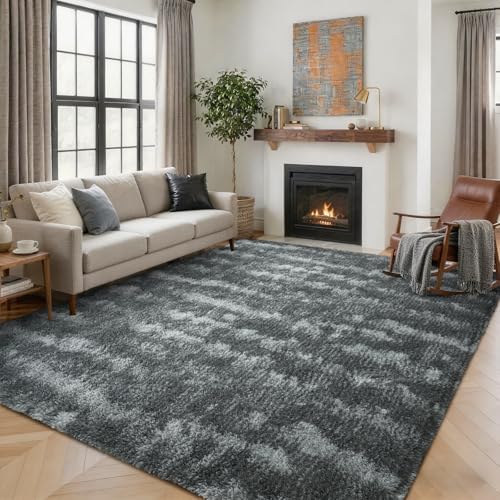 Area Rugs for Living Room 8x10 Feet, Soft Fluffy Shagg Plush Bedroom Rug Non-Slip,Large Carpet for Nursery Kids Dorm Home Decor Rippling Grey by Lo%CC%80utiRootHome