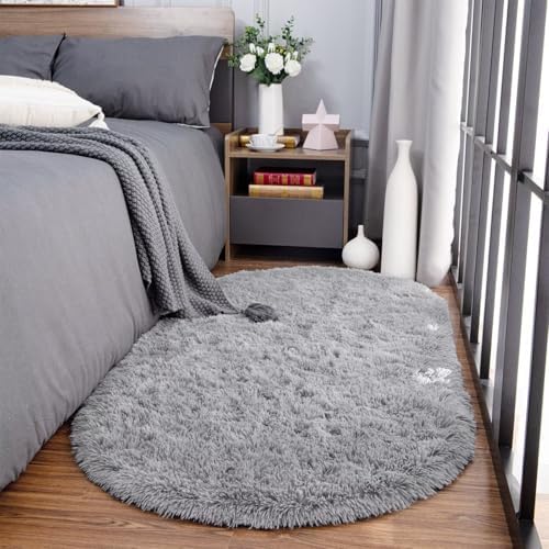 Noahas 2.8x6.3 Grey Fluffy Soft Oval Rug Non-Slip for Bedroom Dorm Hallway - Image 2