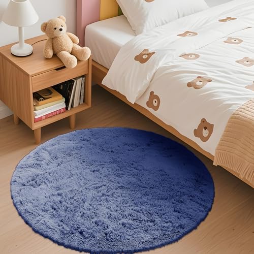 OLANLY Denim Blue Round Rugs for Bedroom - Machine Washable, 3 ft Circle Area Rugs for Living Room, Soft and Fluffy Shaggy Carpet for Teen Girl and Boys, Nursery Rooms, Dorms, Home Decor Aesthetic - Image 3