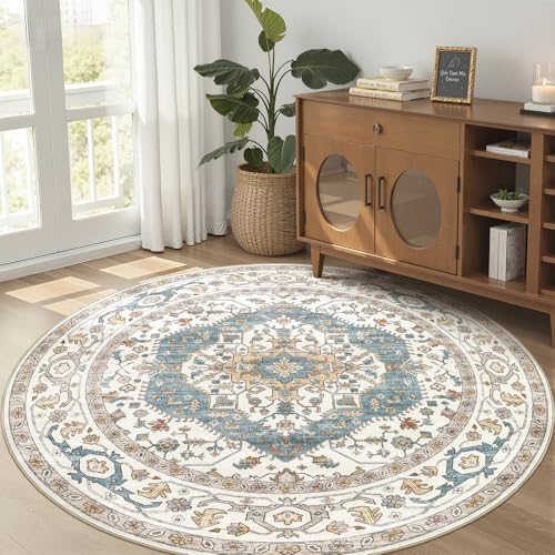 Area Rug for Living Room - 5x5 Soft Washable Oriental Vintage Floral Distressed Large Carpet - Fade Stain Resistant Non Slip Rugs for Bedroom Dining Room Nursery Dorm Office Home Decor - Blue/Beige - Image 2