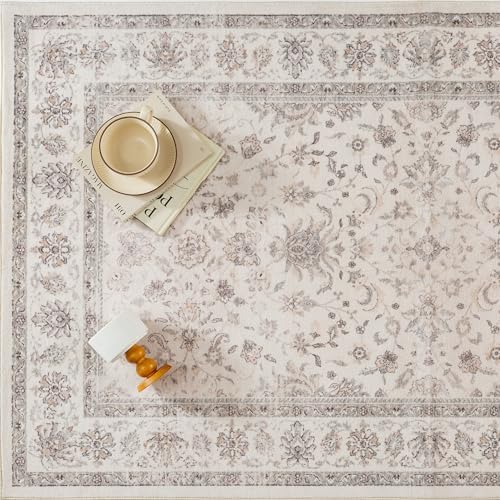 PureCozy Beige 8x10 Washable Area Rug Neutral Vintage Floral Carpet - Image 6