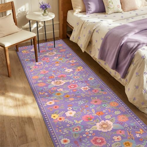 Floral Washable 2x10 Area Rugs Runner Entryway Hallway Purple/Pink - Image 6