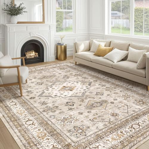 Vintage Living Room Area Rug 8X11 - Large Soft Washable Oriental Traditional Distressed Farmhouse Rugs for Bedroom - Indoor Floor Accent Carpet for Home Office House Decor - Beige by COTILED