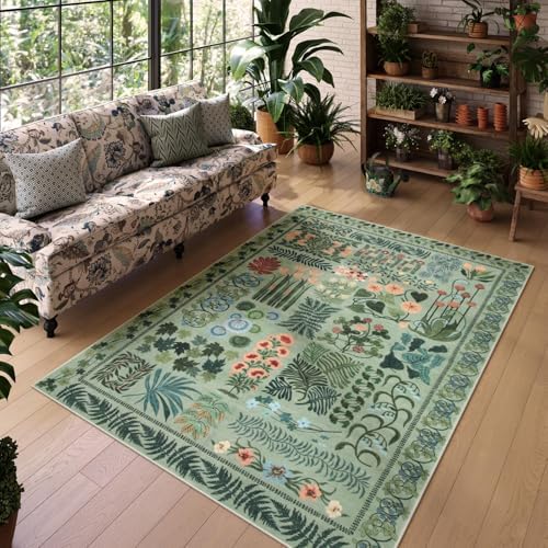 Zealude Floral Boho Washable 5x7 Area Rug for Living Room, Green Botanical Rug for Bedroom Dining Room Low Pile Non Slip, No Shed Large Carpet for Home Office Décor by Zealude