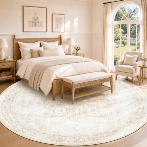 Round Rugs 8ft Washable Rug, Vintage Boho Medallion Rugs Non-Slip Soft Low Pile Circle Distressed Rug Indoor Retro Carpet for Living Room Bedroom Dining Room Home Office (Beige, 8' Round) - Image 2