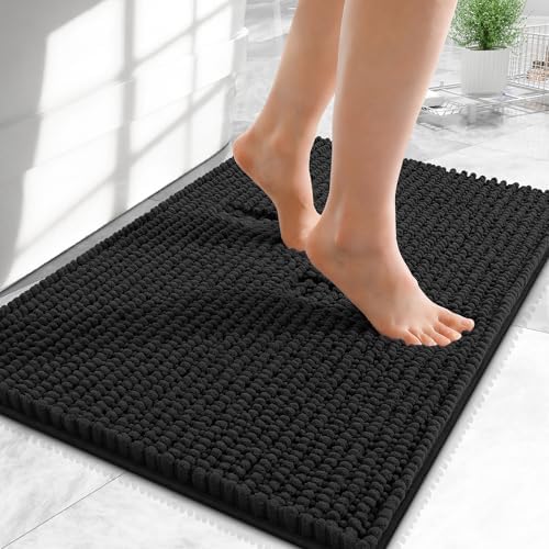 OLANLY Thick Chenille Small Bathroom Rugs 24x16, Absorbent Bath Mat, Black by OLANLY