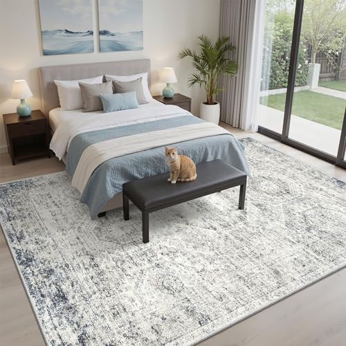 Soalmost 5x7 Area Rugs Blue/Ivory Low Pile Washable Trendy Faded Style Rug - Image 3
