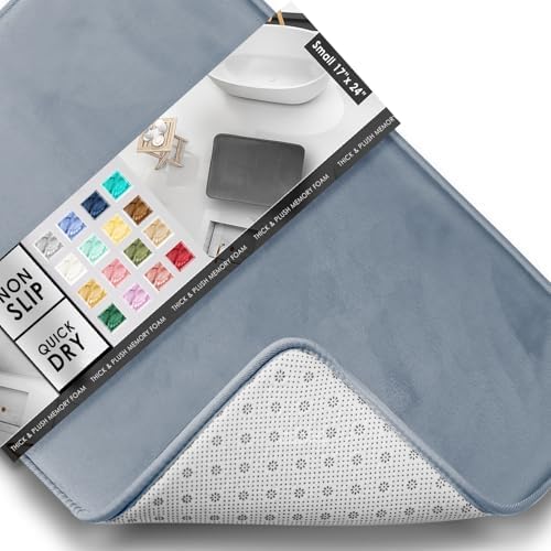 Clara Clark Bathroom Rugs, Velvet Memory Foam Bath Mat, Non-Slip Bath Rugs, Machine Wash, Dries Quickly, Ultra Soft Plush Bath Mats for Bathroom, 17 x 24, Stone Blue by ClaraClark