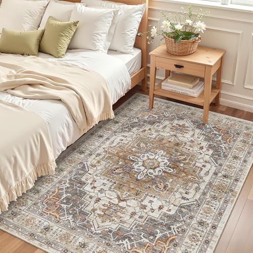 Madane Area Rug 3x5, Washable Vintage Entry Rugs for Bedroom, Turmeric/Grey - Image 4