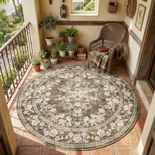 GarveeHome 6ft Floral Round Rug for Bedroom Leaf Flower Brown Botanical by GarveeHome