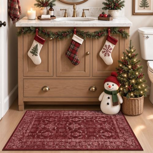 Washable 2x3 Christmas Office Area Rug Non-Slip Xmas Red Throw Carpet - Image 2