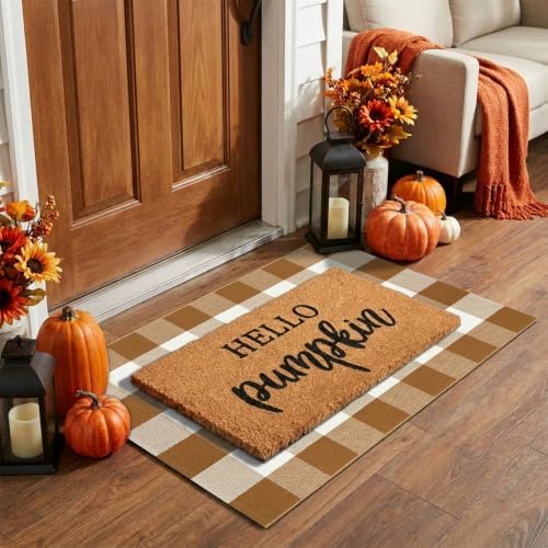 Fall Decor Door Mat Combo Set, 100% Coco Coir Welcome Mat + 28 x 43 Inches Coffee and White Plaid Rug - Fall Thanksgiving Front Porch Entryway Floor Doormat, Indoor Outdoors Autumn Mats Hello Pumpkin - Image 3