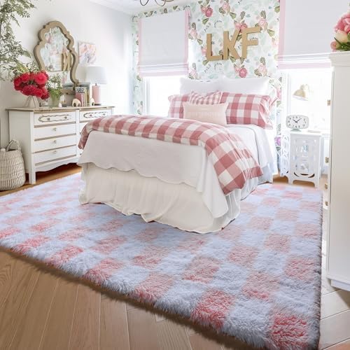 KICMOR Large 6x9 Rugs for Living Room, Soft Fluffy Light Pink and White Checkered Shag Area Rugs Big Fuzzy Shaggy Bedroom Carpet, Cute Plush Rug for Teen Toddler Kids Girls Room Nursery Home Decor - Image 3