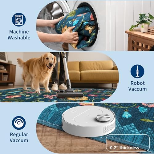 GarveeHome Washable Rug 5x7 Area Rugs for Living Room, Floral Rug for Bedroom, Soft Boho Non Slip Throw Rugs with Rubber Back, Low Pile Stain Resistant Vintage Floral Carpet for Dining Room, Blue - Image 6