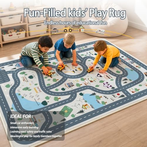 Car Rug Play Mat for Kids, Non Slip Car Track Rug Town City Road Map Playmat for Children, Washable Carpet for Boy Playroom Bedroom - 3x5 Ft - Image 3