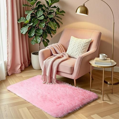 Pink Fluffy Shag Rug, 2'x3', Machine Washable Non Slip Kids Throw Carpet - Image 6