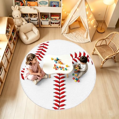 Baseball Round Kids Rug, Soft Washable Non Slip Sport Carpet for Boys Room - Image 3