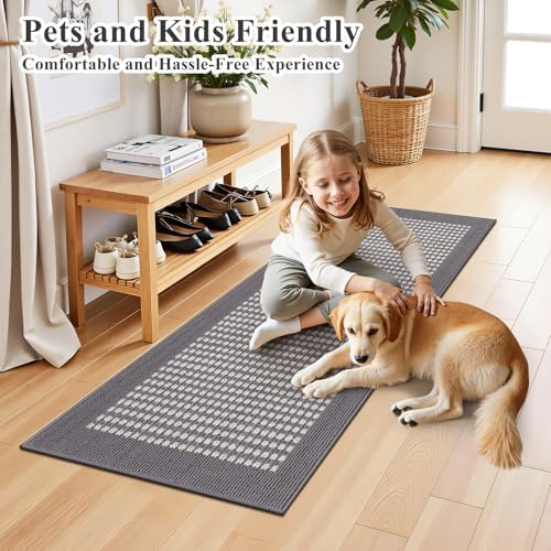 Ileading Laundry Room Runner Rug 2x5ft Non Slip Farmhouse Kitchen Floor Mats with Rubber Backing Machine Washable Indoor Doormat Low-Profile Carpet for Hallway Entryway(Grey) - Image 2