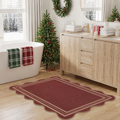Easy Jute Red Christmas Front Door Mat, 2.6x4 Washable Entryway Rug Non Slip Small Kitchen Rug, Farmhouse Low Pile Floor Scalloped Rugs for Bathroom Porch Doorway - Image 6