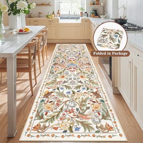 nesrt Boho Bird Runner Rug 3x10Ft for Hallway, Washable Long Kitchen Rug Runner Non-Slip, Thin Low Profile Indoor Farmhouse Entryway Floor Carpets for Doorway Entryway Home Decoration (White) - Image 2