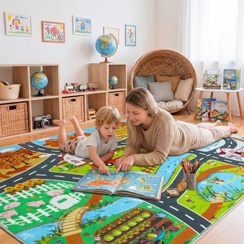 Car Rug Play Mat for Kids Toy Cars, 8' x 10' Town Country Barn Track Rug - Image 2