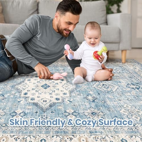 cotiled 5x7 Area Rug for Living Room, Washable, Traditional, Blue - Image 4