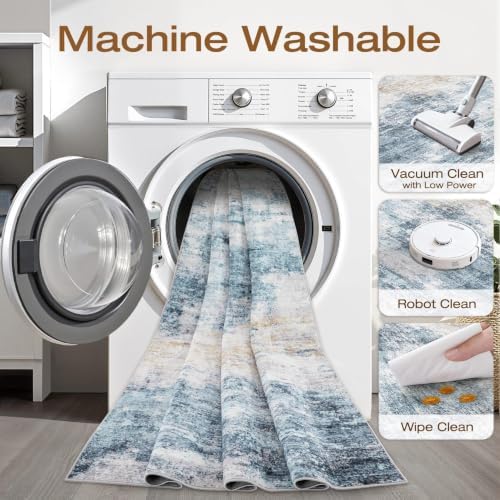 LOONGRUG 10x13 Area Rug Washable Neutral Modern Living Room Rug Blue Gold - Image 2