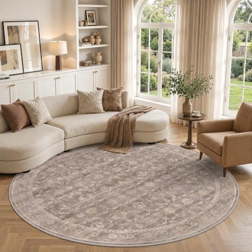 Living Room Washable 6ft Round Rug Soft Boho Throw Carpet Taupe Wheat by HOME