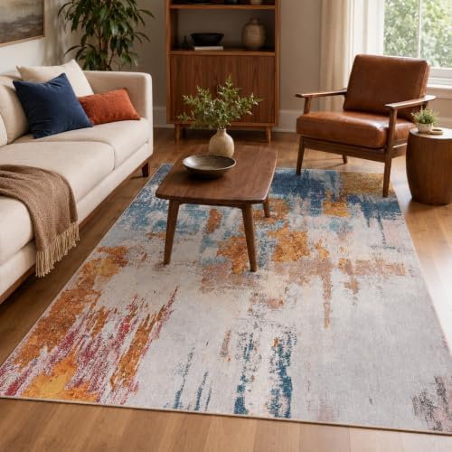 Area Rug 4x6 Orange Blue Rug Washable Boho Rugs Non Slip Low Pile Abstract Small Carpet for Entryway, Bedroom, Kitchen, Classroom, Kids Room, Office, Dorm, Dining Room - Image 2