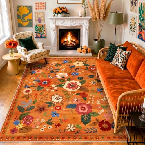 RELEANY Floral Washable 5x7 Area Rugs BurntOrange - Image 6
