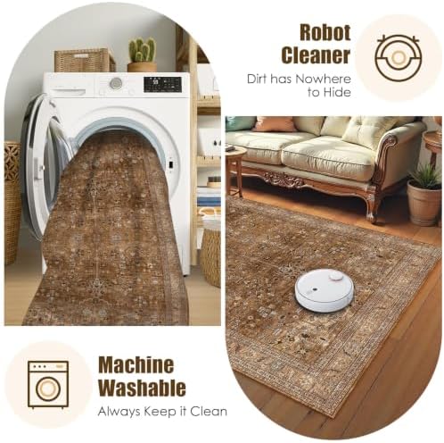 Washable Area Rug 4' x 6' Vintage Traditional Persian Mat - Foldable Distressed Non-Slip Machine Washable Carpet for Living Room Bedroom Kitchen Home Decor - Bronze and Ivory - Image 7