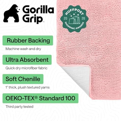 GORILLA GRIP Bath Rug Mat for Bathroom, Absorbent Chenille 24x17 Light Pink - Image 2