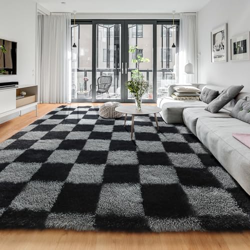 KICMOR 6x9 Area Rugs for Living Room, Large Fluffy Soft Black and Grey Checkered Big Fuzzy Shag Shaggy Bedroom Carpet, Indoor Plush Rug for Kids Boys Girls Room Dorm Nursery Home Decor Aesthetic by KICMOR