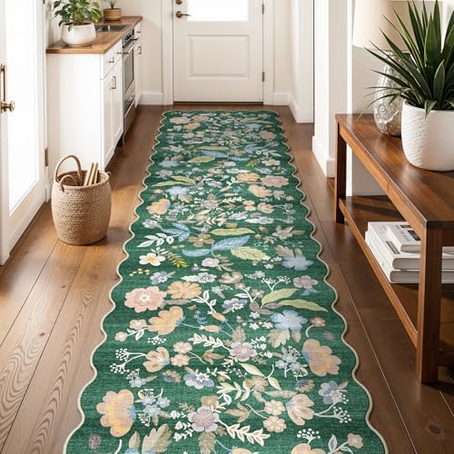 3x12 Washable Hallway Runner Rug: Floral Scalloped Kitchen Runner Rug Green by BYYVOORugsforYourHome