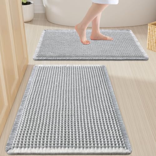 Smiry Waffle Bathroom Rugs Sets 2 Piece (30x20+24x16, Lightgrey & Cream) by Smiry