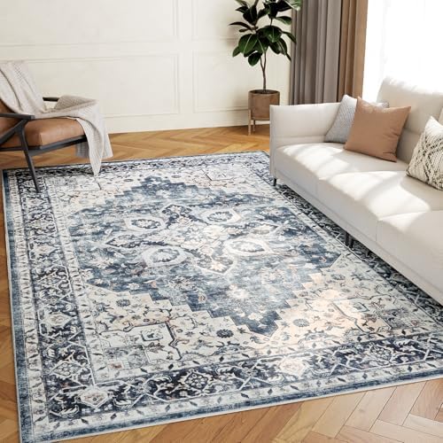 Amada 5x7 Washable Area Rug for Living Room, Blue, Vintage Pattern - Image 6
