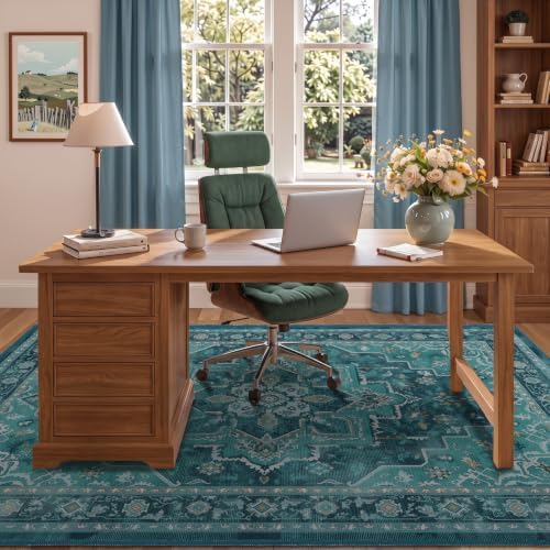 Washable Area Rug 4'x5' Living Room, Vintage Medallion, Boho Teal - Image 3