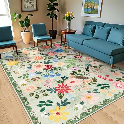 PLHXFR Area Rug 10x12 Living Room: Floral Washable Boho Soft Carpet Green - Image 2