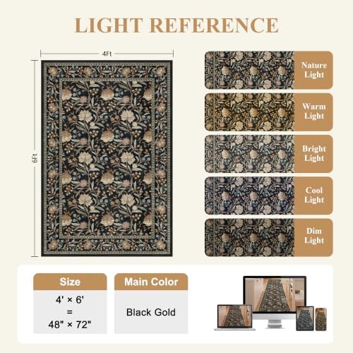 DUKINO 4x6 Area Rug, Washable Vintage Floral Rug for Living Room, Black - Image 3