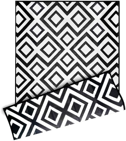 DiiKoo Outdoor Rug Mat for Patio, 6x9ft Waterproof Reversible Plastic Straw Rugs, Camping Carpet Area Mats for RV, Porch, Deck, Backyard, Balcony, Camper, Trailer, Black & White - Image 3