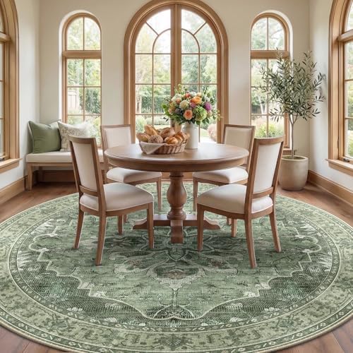 RELEANY Washable Area Rug, Round 8ft, Green/Dark Green/Gray - Image 2
