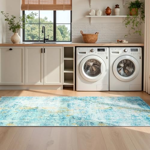 Runner Rug for Kitchen Teal Blue Hallways Runner Rug Non Slip 2'6''x8' Washable Long Runner Rugs with Rubber Backing Soft Abstract Carpet Runner for Entryway, Kitchen, Bedroom, Bathroom - Image 5