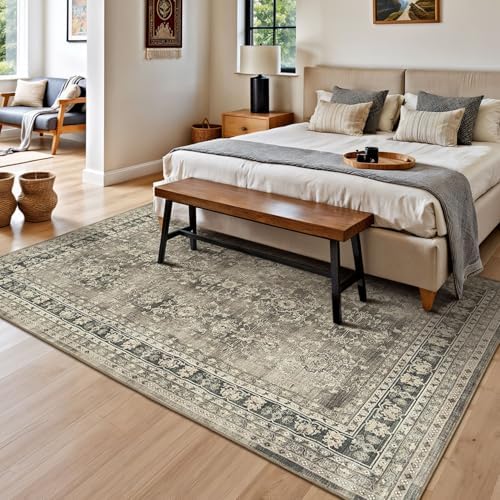 Lessymo 5x7 Area Rugs for Living Room, Machine Washable Non Slip Rug, Soft Low Pile Carpet for Bedroom Dining Home Office, Vintage Brown Distressed Floral Floor Mat - Image 2