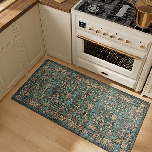 DUKINO 2x4 Rug, Washable Vintage Floral Bathroom Runner Rug, Green - Image 3