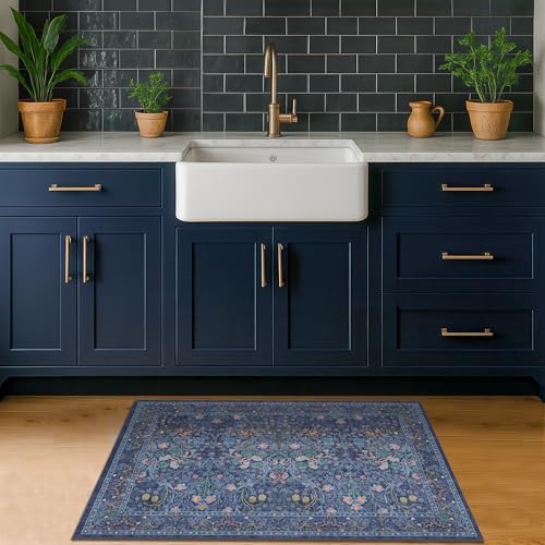 Navy Blue Washable 2x3 Entry Rug - Small Front Door Mats Indoor, Non-Slip Boho Bathroom Rugs, Vintage Dark Decor for Kitchen, Entryway - Image 3
