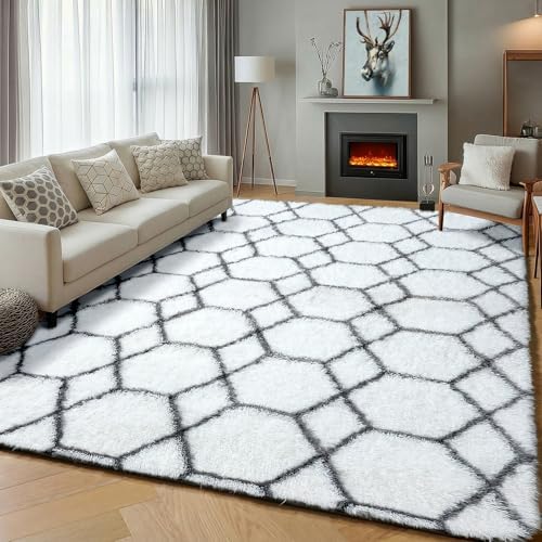 6x9 Area Rugs for Living Room Bedroom, Fluffy White and Grey Geometric Rug - Image 5